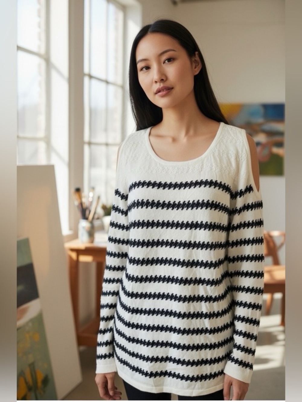 Fever Striped Cold Shoulder Top